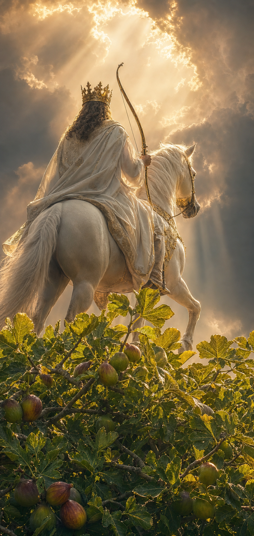 The rider on the white horse from Revelation 6:2, crowned and bearing a bow, beside a ripe fig tree — symbolic of the global outpouring of the Bride's revival in the last days