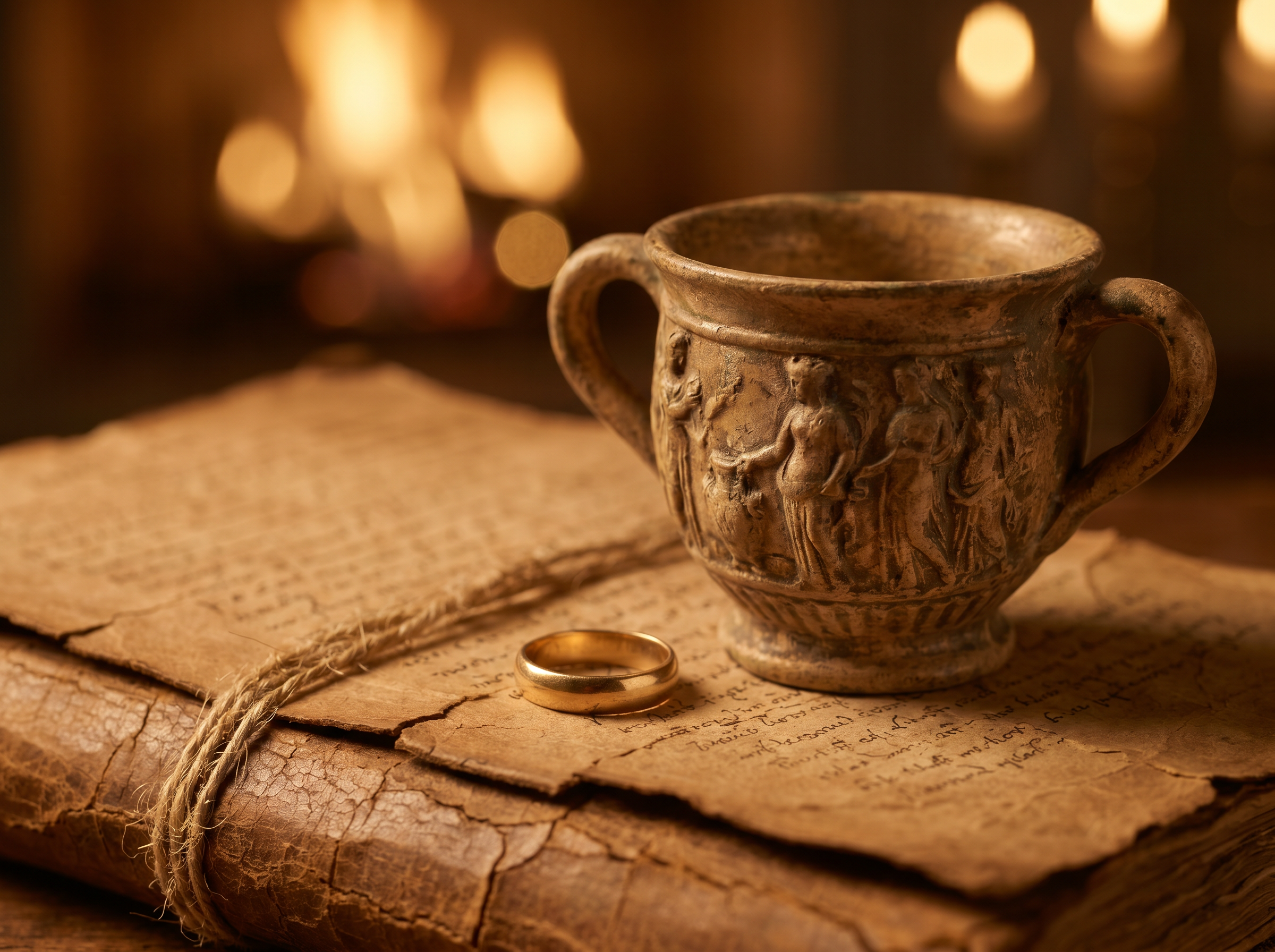 A betrothal cup and gold ring resting on an ancient scroll, symbolic of the covenant relationship explored in the book